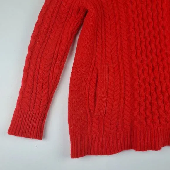 J. Crew Red Wool Cable Knit Crewneck Pullover Sweater Top Pockets Ribbed SIze M