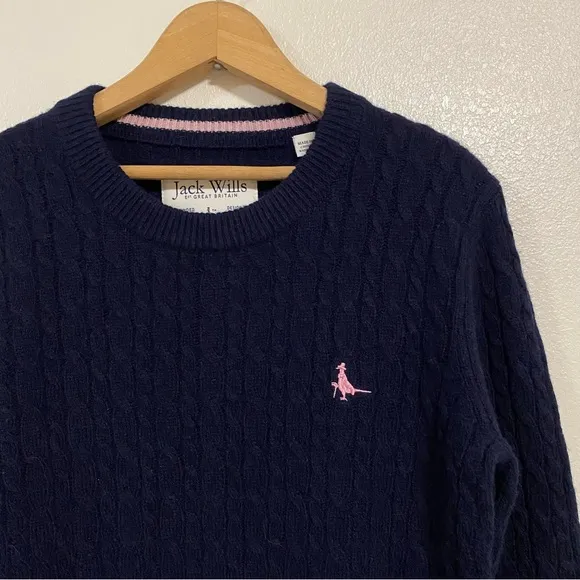 Jack Wills Sweater Women’s Size 4 Navy Cable knit Merino Wool Blend Sweater