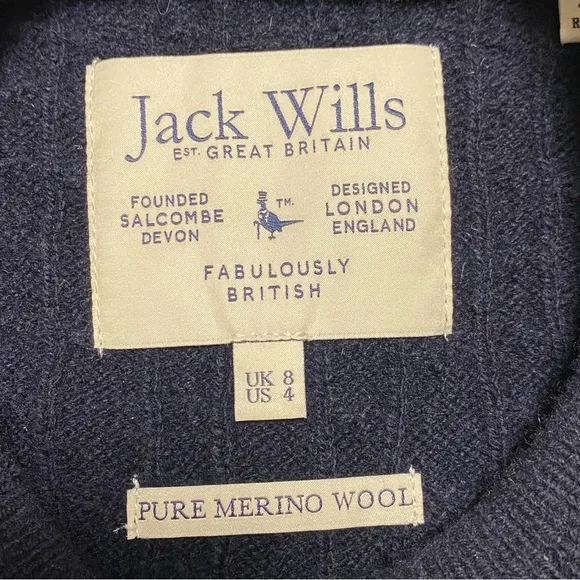 Jack Wills Sweater Women’s Size 4 Navy Cable knit Merino Wool Blend Sweater