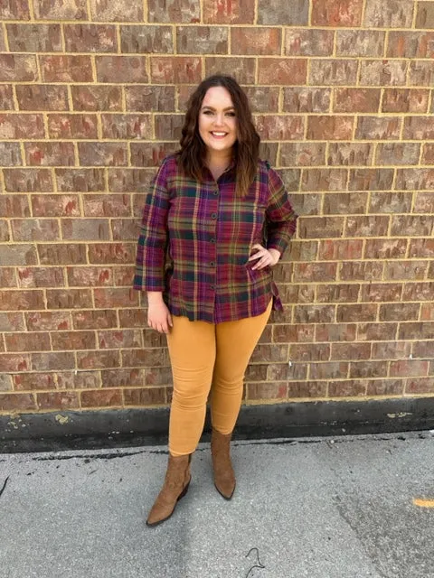 Jacquard Plaid Button Down Collared Shirt