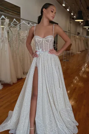 Jessa | Spaghetti Straps Lace Appliques Sparkly A-Line Wedding Dress