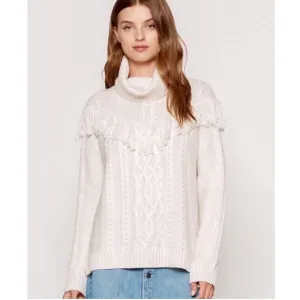 JOIE Viviam Cable Knit Fringe Wool Cashmere Blend Cream Sweater Womens Small