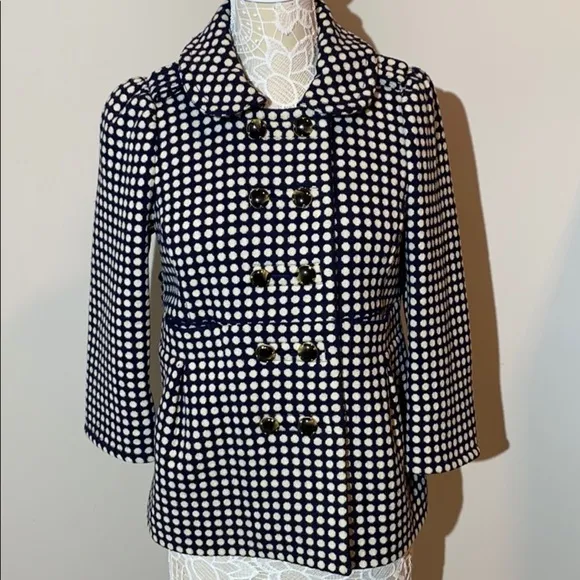 Juicy Couture Blazer Peacoat Jacket Wool Blend Navy White Polka Dot Medium