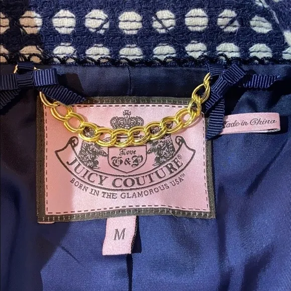 Juicy Couture Blazer Peacoat Jacket Wool Blend Navy White Polka Dot Medium