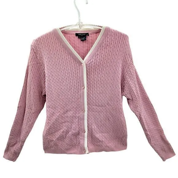 Karen Kane Golf Pink Cream Preppy Old Money Cable Knit Cardigan‎ Jacket Sweater