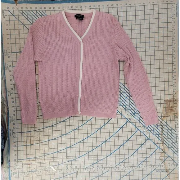 Karen Kane Golf Pink Cream Preppy Old Money Cable Knit Cardigan‎ Jacket Sweater
