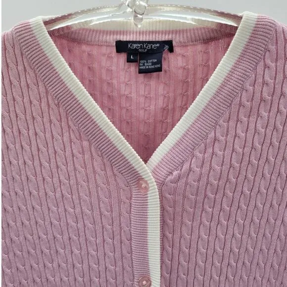 Karen Kane Golf Pink Cream Preppy Old Money Cable Knit Cardigan‎ Jacket Sweater
