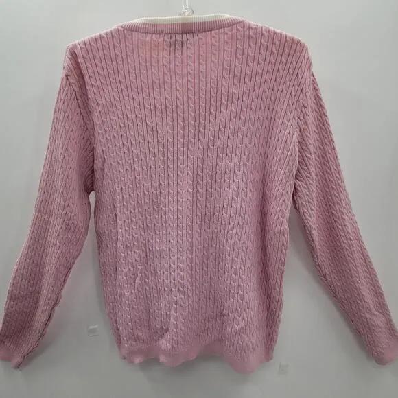 Karen Kane Golf Pink Cream Preppy Old Money Cable Knit Cardigan‎ Jacket Sweater