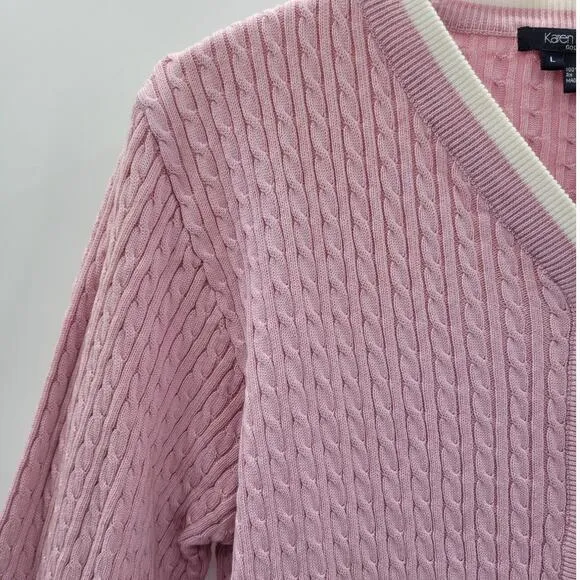 Karen Kane Golf Pink Cream Preppy Old Money Cable Knit Cardigan‎ Jacket Sweater