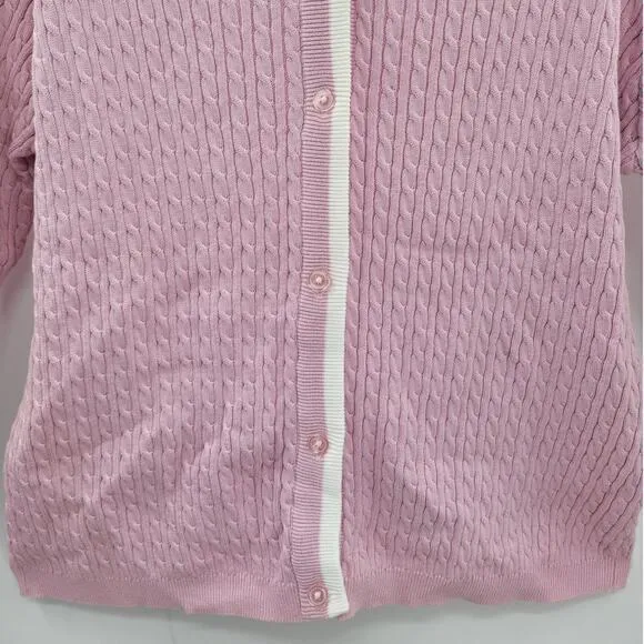 Karen Kane Golf Pink Cream Preppy Old Money Cable Knit Cardigan‎ Jacket Sweater