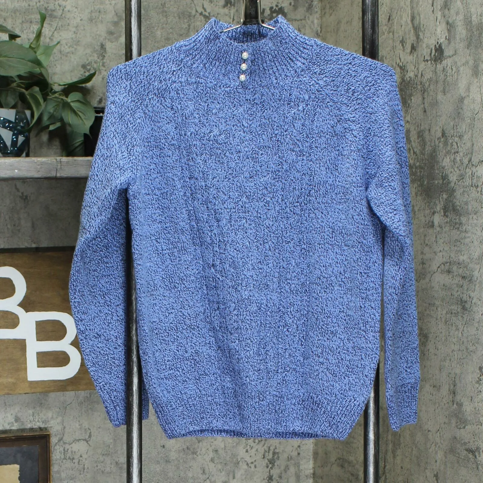 Karen Scott Marled Button Neck Cable Knit Sweater Blue Petite Medium