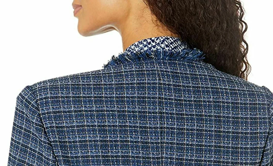 Kasper Women's Open Front Tweed Fringe Blazer Jacket Navy Large