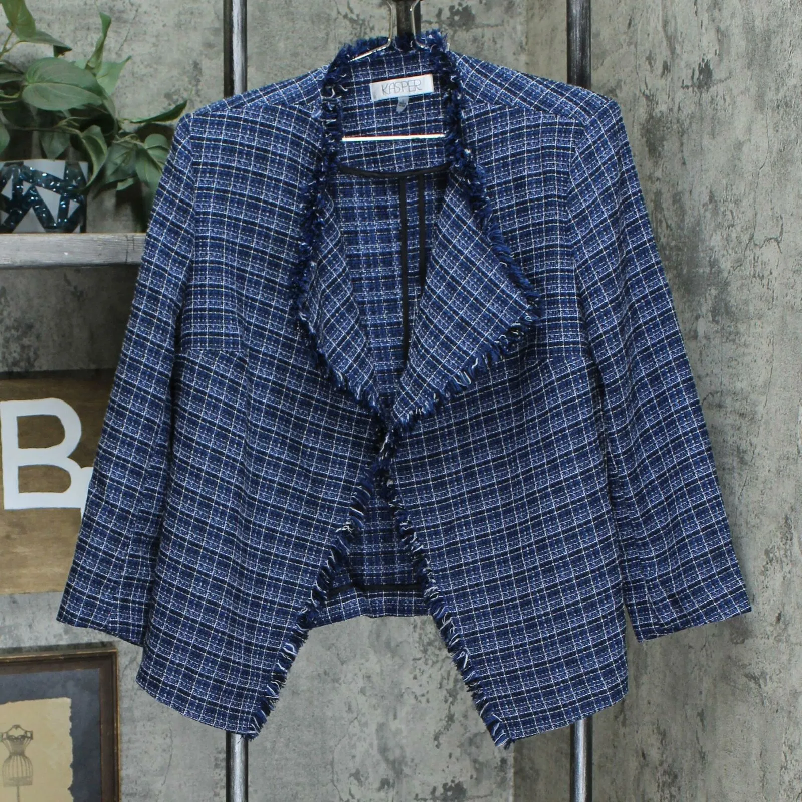 Kasper Women's Open Front Tweed Fringe Blazer Jacket Navy Large