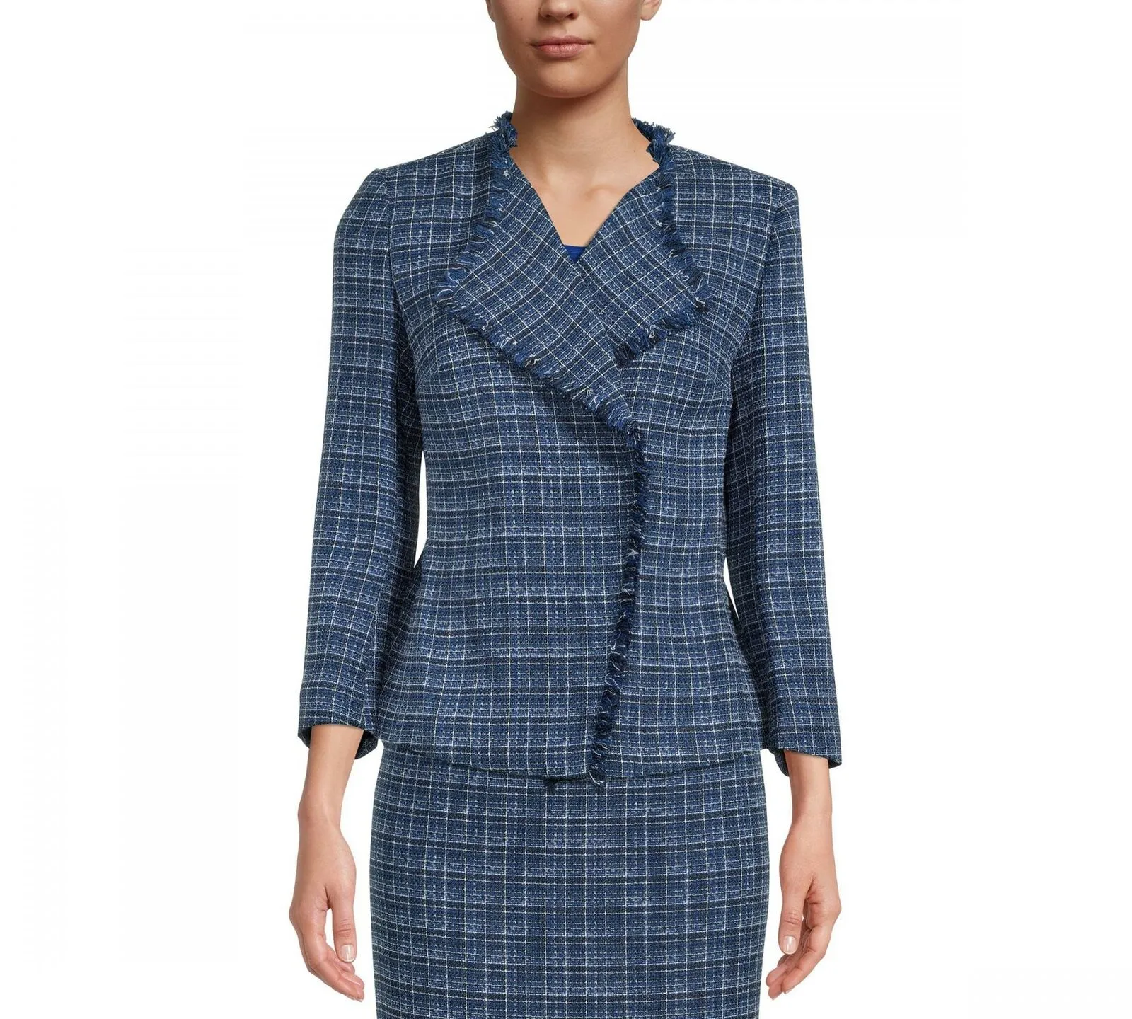 Kasper Women's Open Front Tweed Fringe Blazer Jacket Navy Large