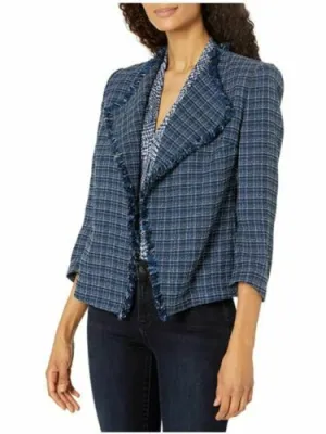 Kasper Women's Open Front Tweed Fringe Blazer Jacket Navy Large