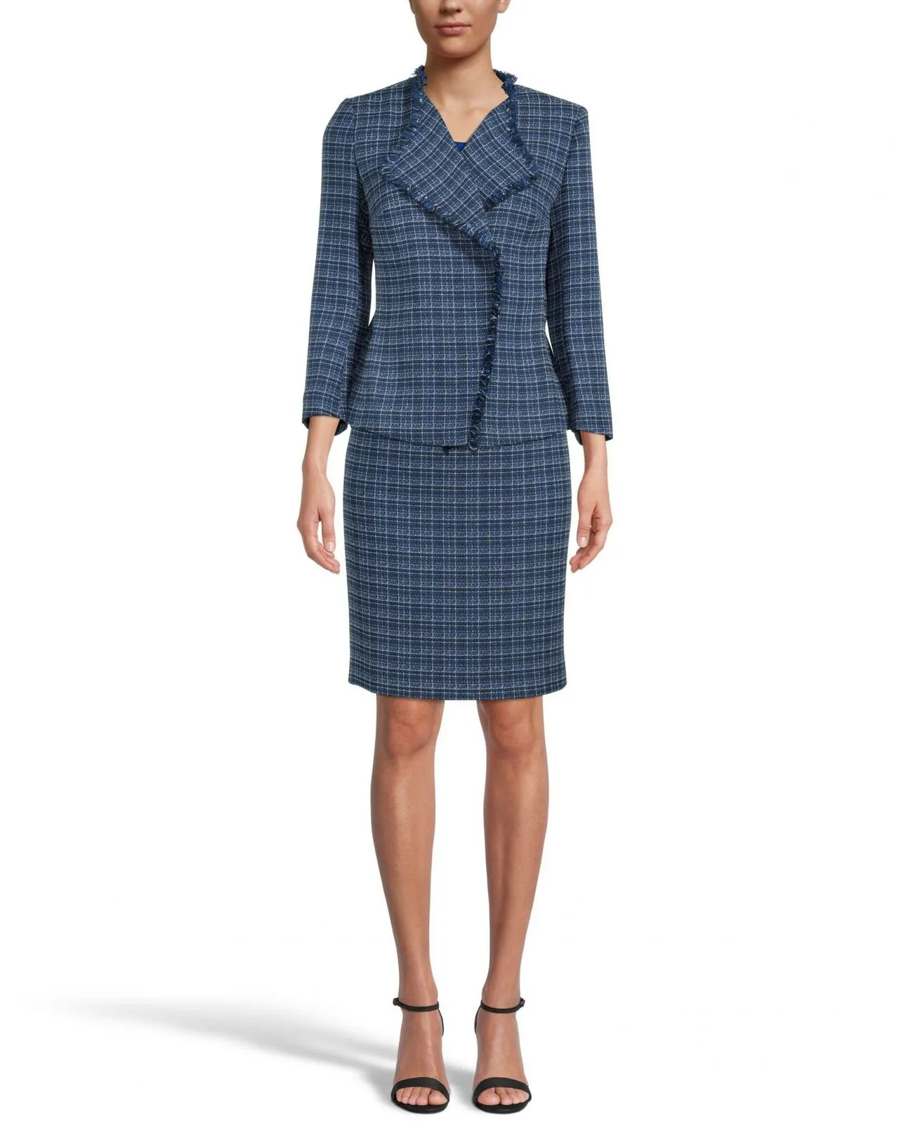 Kasper Women's Open Front Tweed Fringe Blazer Jacket Navy Large