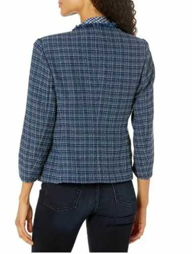 Kasper Women's Open Front Tweed Fringe Blazer Jacket Navy Large