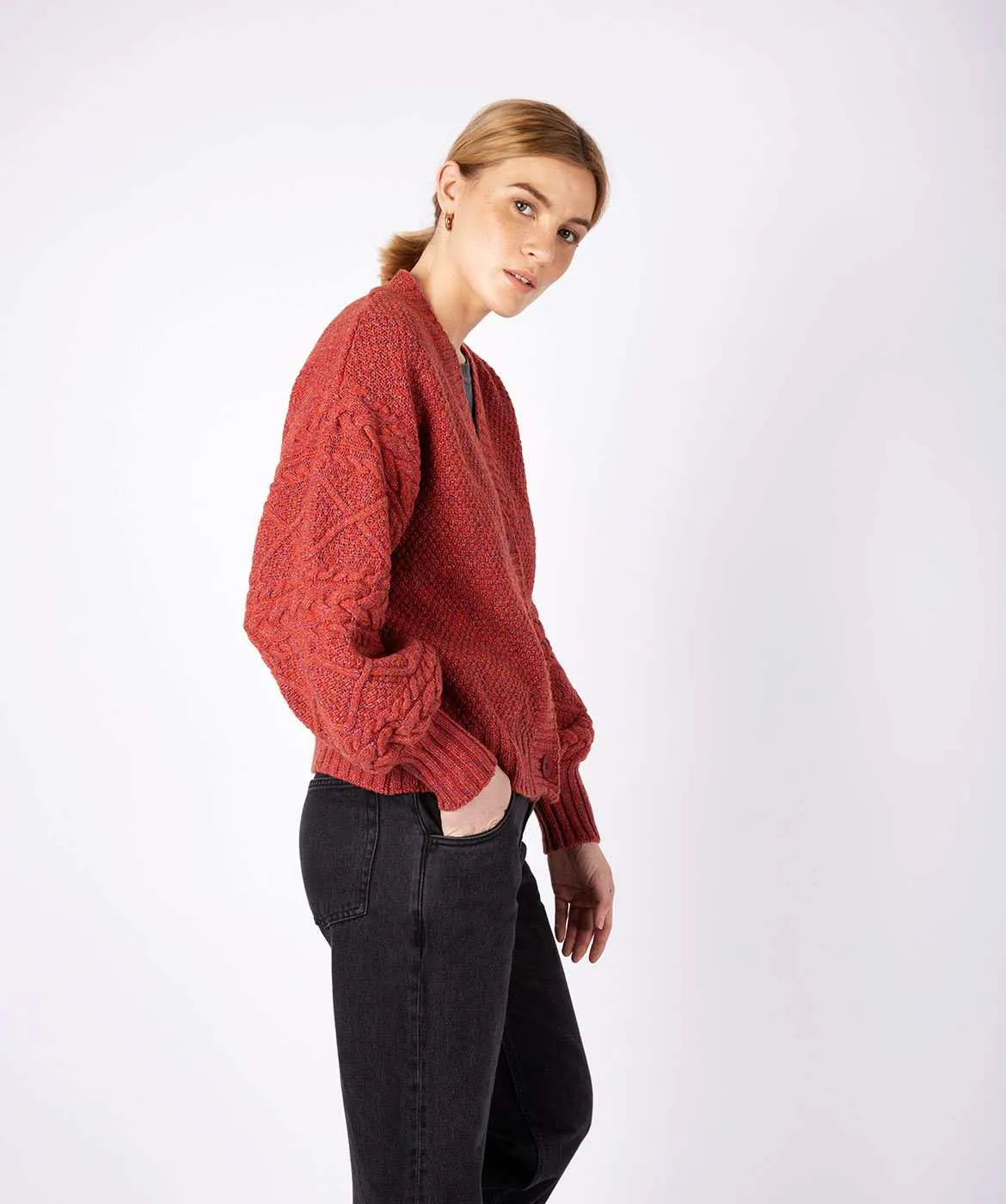 Knitted Cardigan with Cable Lantern Sleeve