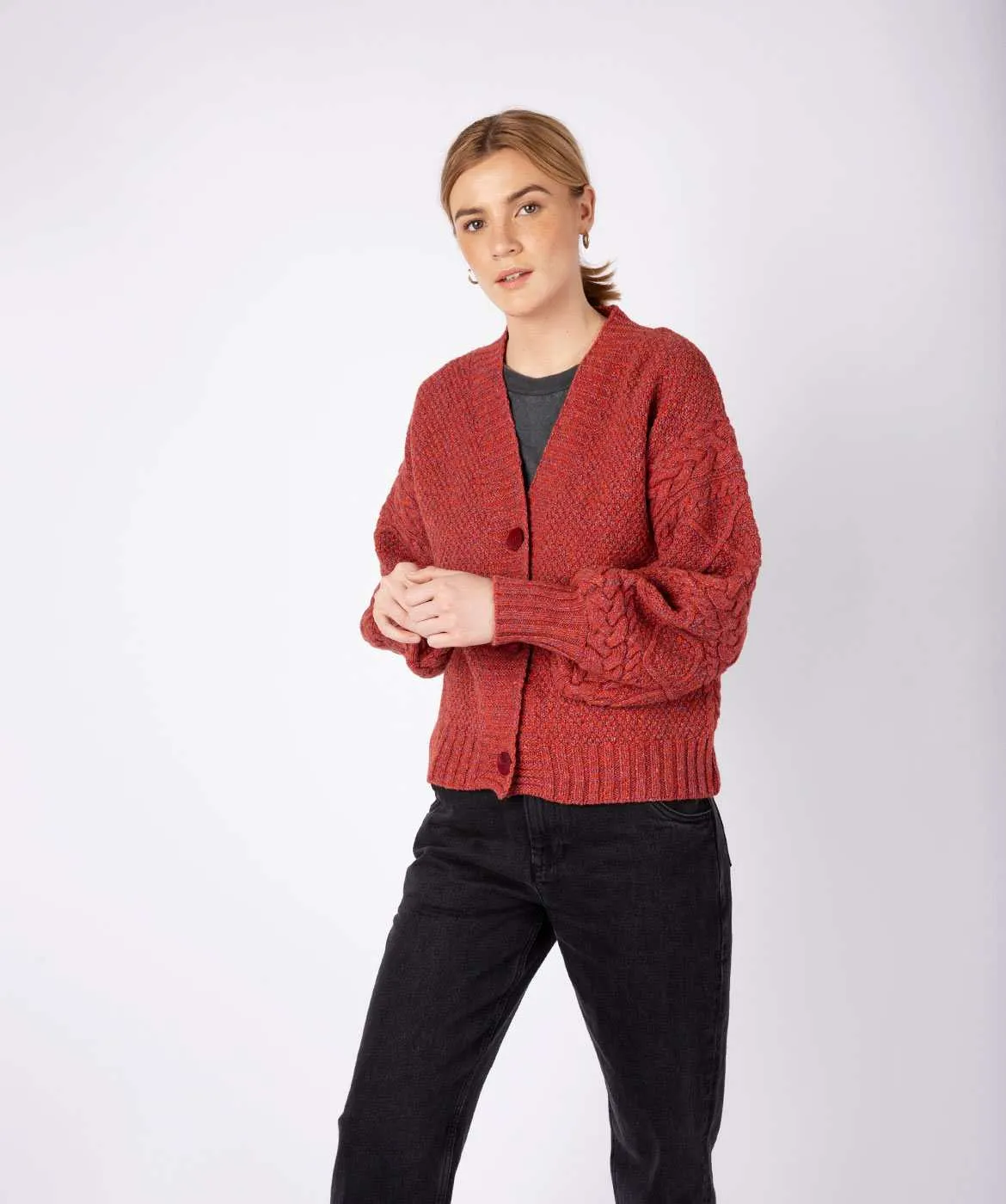 Knitted Cardigan with Cable Lantern Sleeve