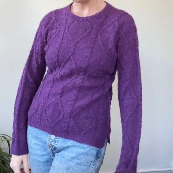 La Vicunita Womens S 100% Baby Alpaca Cable Knit Purple Sweater
