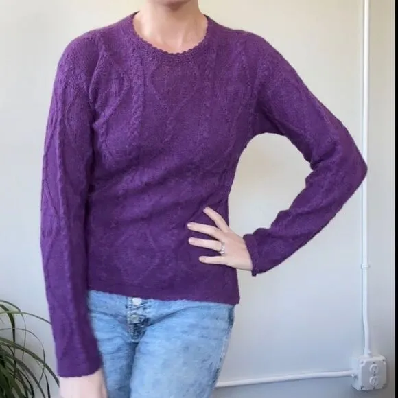 La Vicunita Womens S 100% Baby Alpaca Cable Knit Purple Sweater