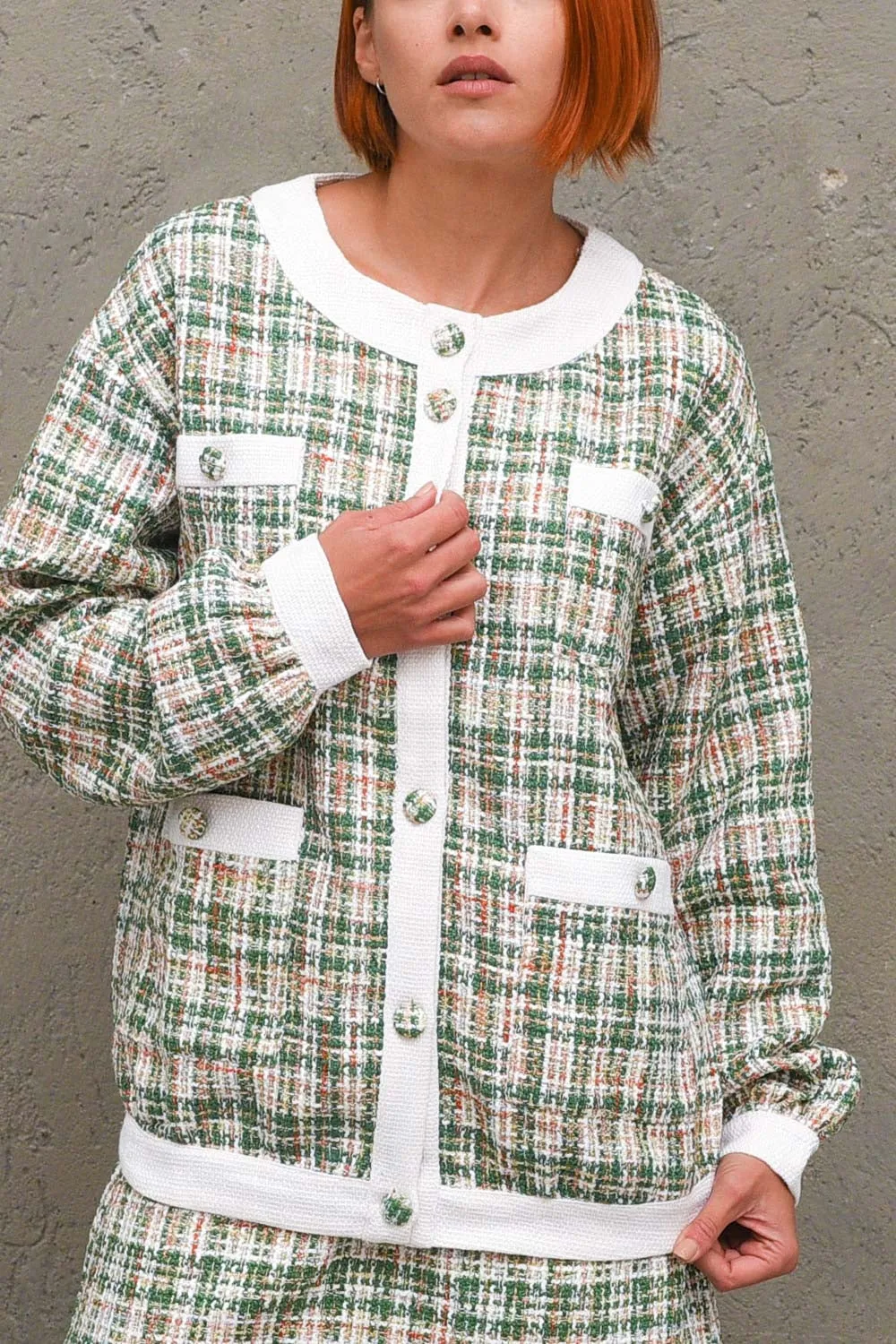 Ladies Jacket - Green Tweed White