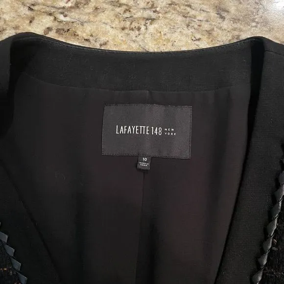 Lafayette 148 New York Black Textured Tweed Snap Up Blazer Jacket 10 Classic