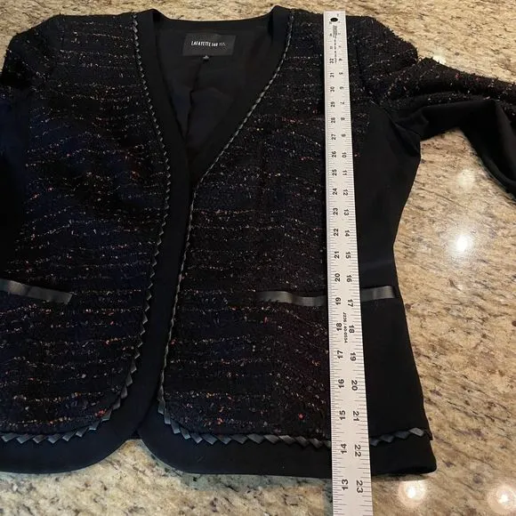 Lafayette 148 New York Black Textured Tweed Snap Up Blazer Jacket 10 Classic