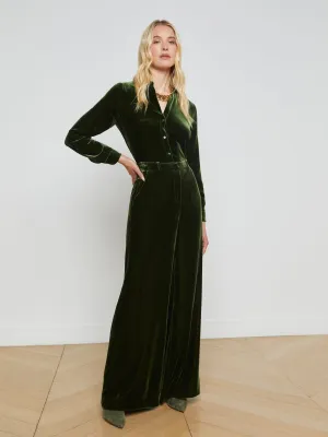 L'Agence -Pilar Wide Leg Velvet Pant - Deep Olive