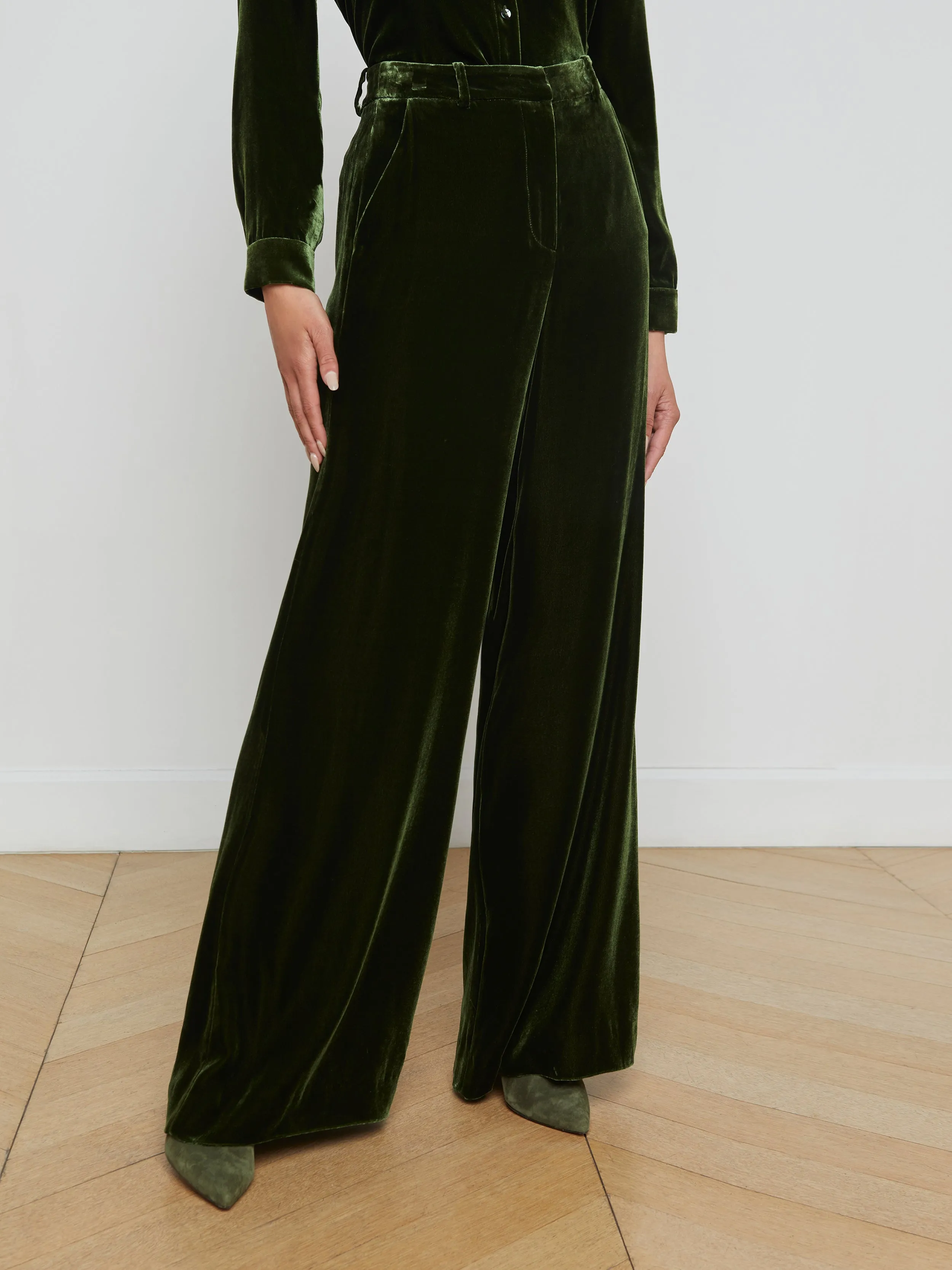 L'Agence -Pilar Wide Leg Velvet Pant - Deep Olive