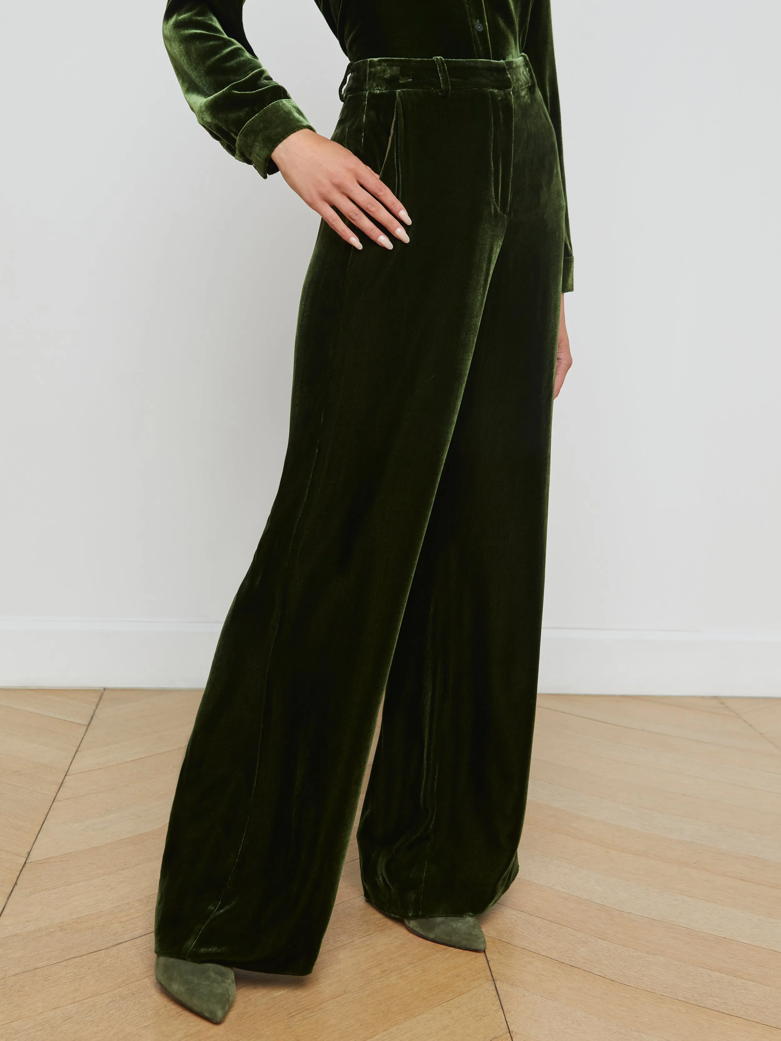 L'Agence -Pilar Wide Leg Velvet Pant - Deep Olive