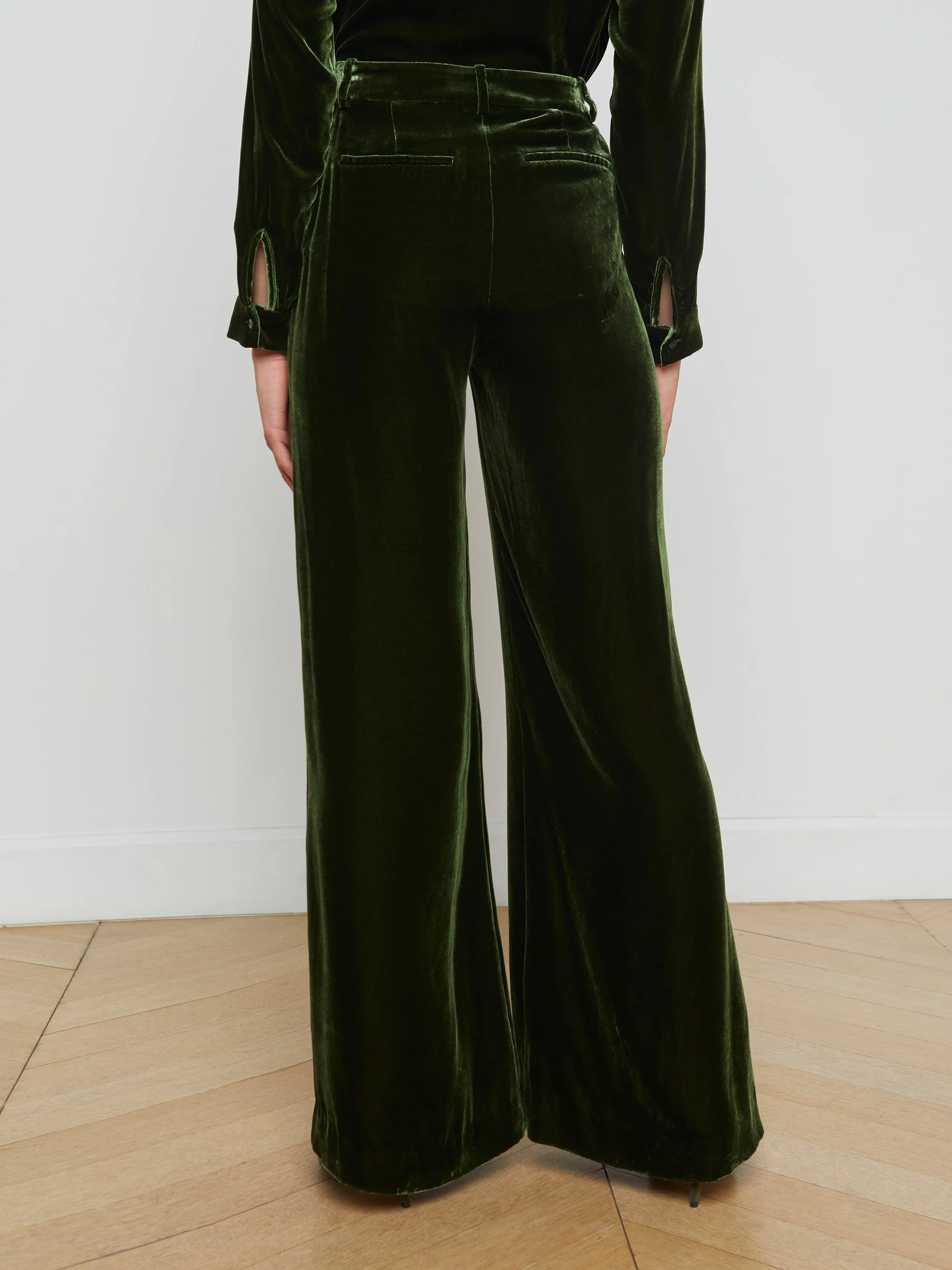 L'Agence -Pilar Wide Leg Velvet Pant - Deep Olive