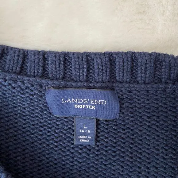 Lands, End Aran Cable Crew Neck Sweater Size Large