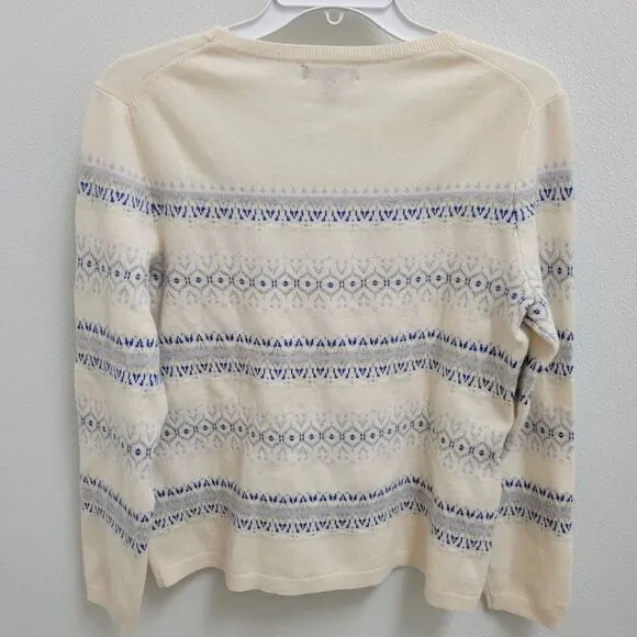 Lands' End Cream Blue 100% Cashmere Sweater Sz MP Fair Isle Style