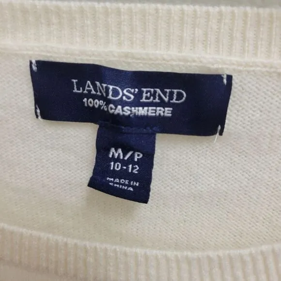 Lands' End Cream Blue 100% Cashmere Sweater Sz MP Fair Isle Style