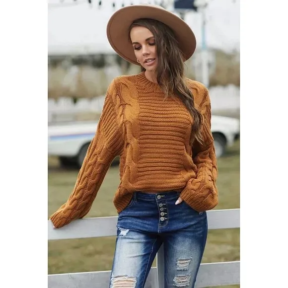 LAST ONE! Plus Size Soft Chic Brown Cable Knit Sweater With Batwing Sleeves