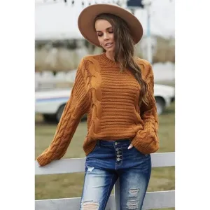 LAST ONE! Plus Size Soft Chic Brown Cable Knit Sweater With Batwing Sleeves