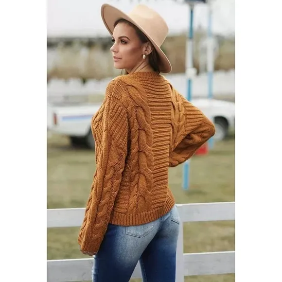 LAST ONE! Plus Size Soft Chic Brown Cable Knit Sweater With Batwing Sleeves