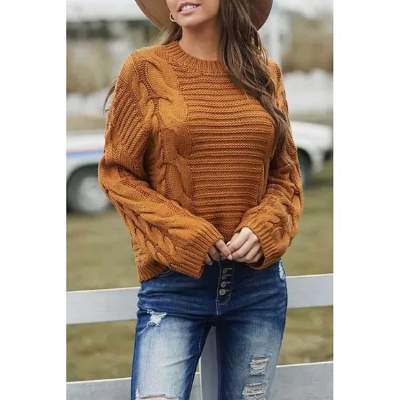 LAST ONE! Plus Size Soft Chic Brown Cable Knit Sweater With Batwing Sleeves
