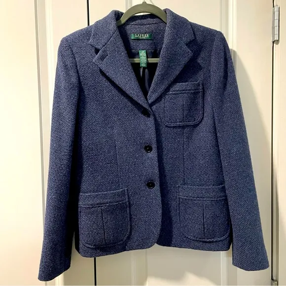 Lauren Ralph Lauren Jacket Women’s Blue Tweed Blazer Wool Blend Gently Worn 12P