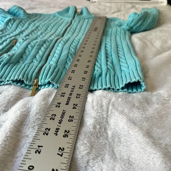Lauren Ralph Lauren Womens Small Blue Cable-Knit Gold Zip Cardigan Sweater Logo