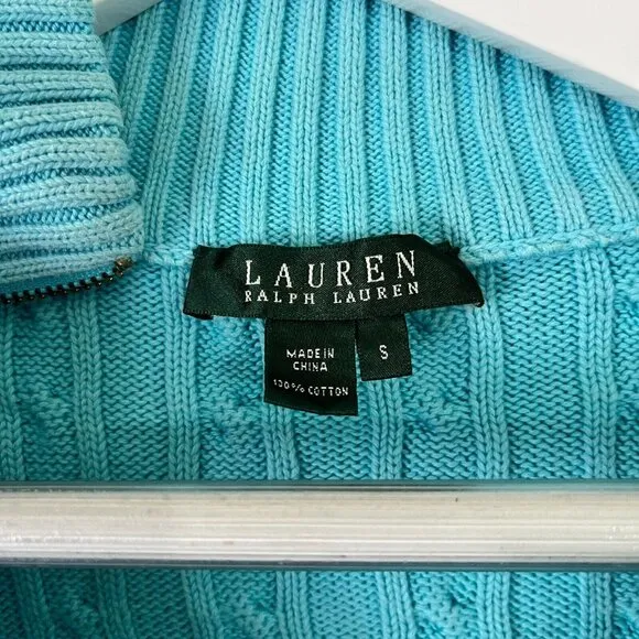 Lauren Ralph Lauren Womens Small Blue Cable-Knit Gold Zip Cardigan Sweater Logo