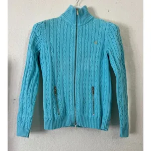 Lauren Ralph Lauren Womens Small Blue Cable-Knit Gold Zip Cardigan Sweater Logo