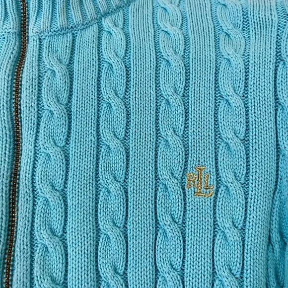 Lauren Ralph Lauren Womens Small Blue Cable-Knit Gold Zip Cardigan Sweater Logo