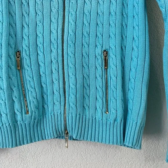 Lauren Ralph Lauren Womens Small Blue Cable-Knit Gold Zip Cardigan Sweater Logo