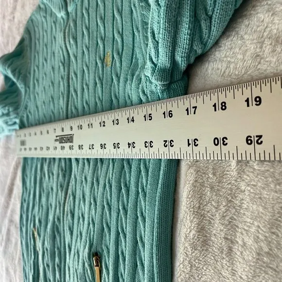 Lauren Ralph Lauren Womens Small Blue Cable-Knit Gold Zip Cardigan Sweater Logo