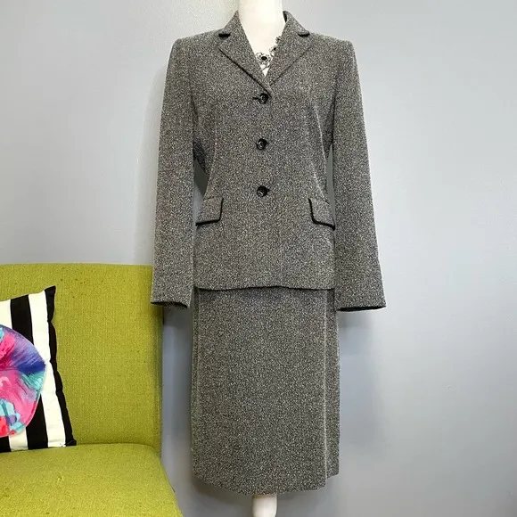 Le Suit Black White Tweed Blazer Skirt Suit Matching Set 8