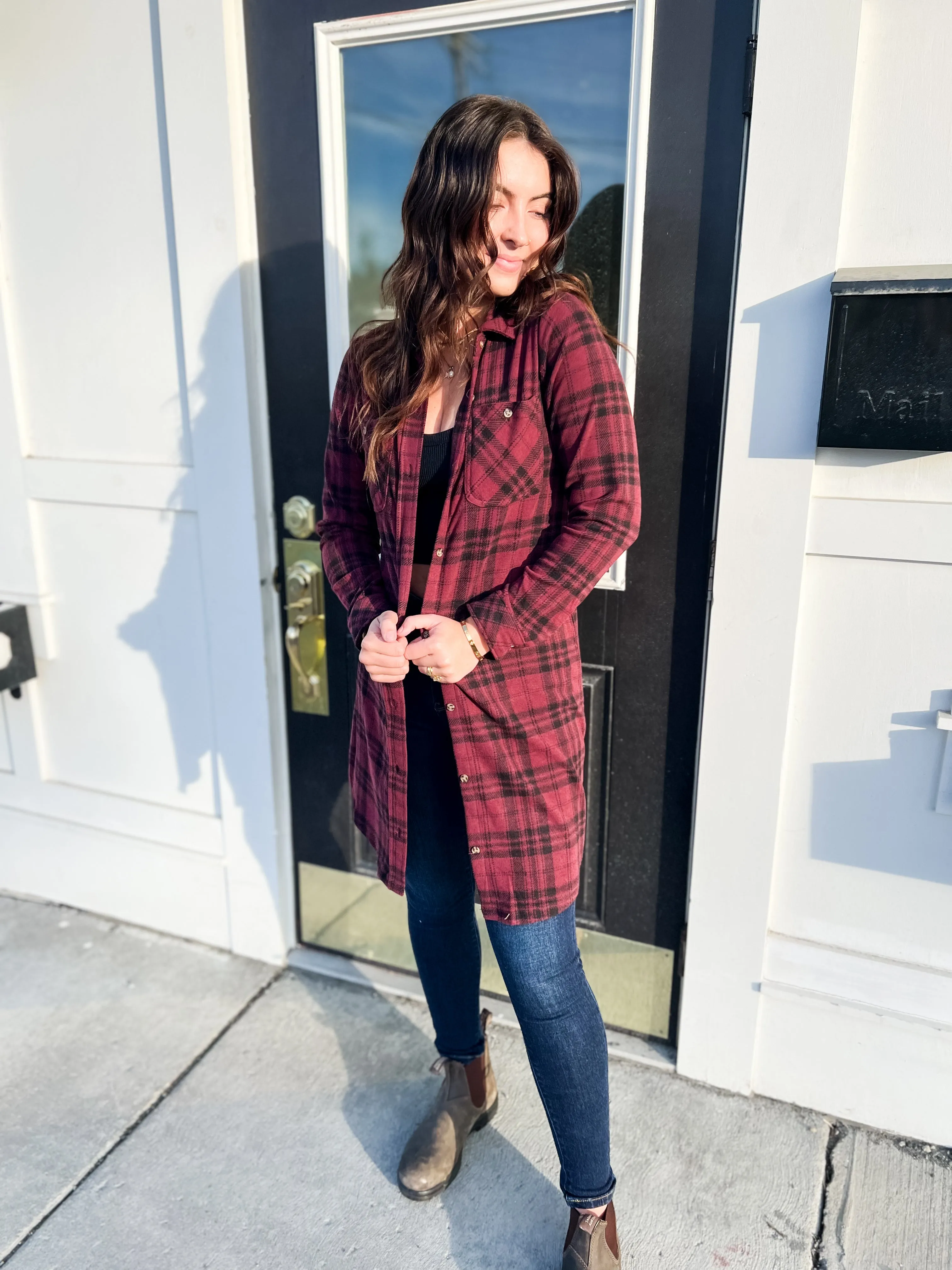 Leslie Button Down Tunic- Burgundy Plaid