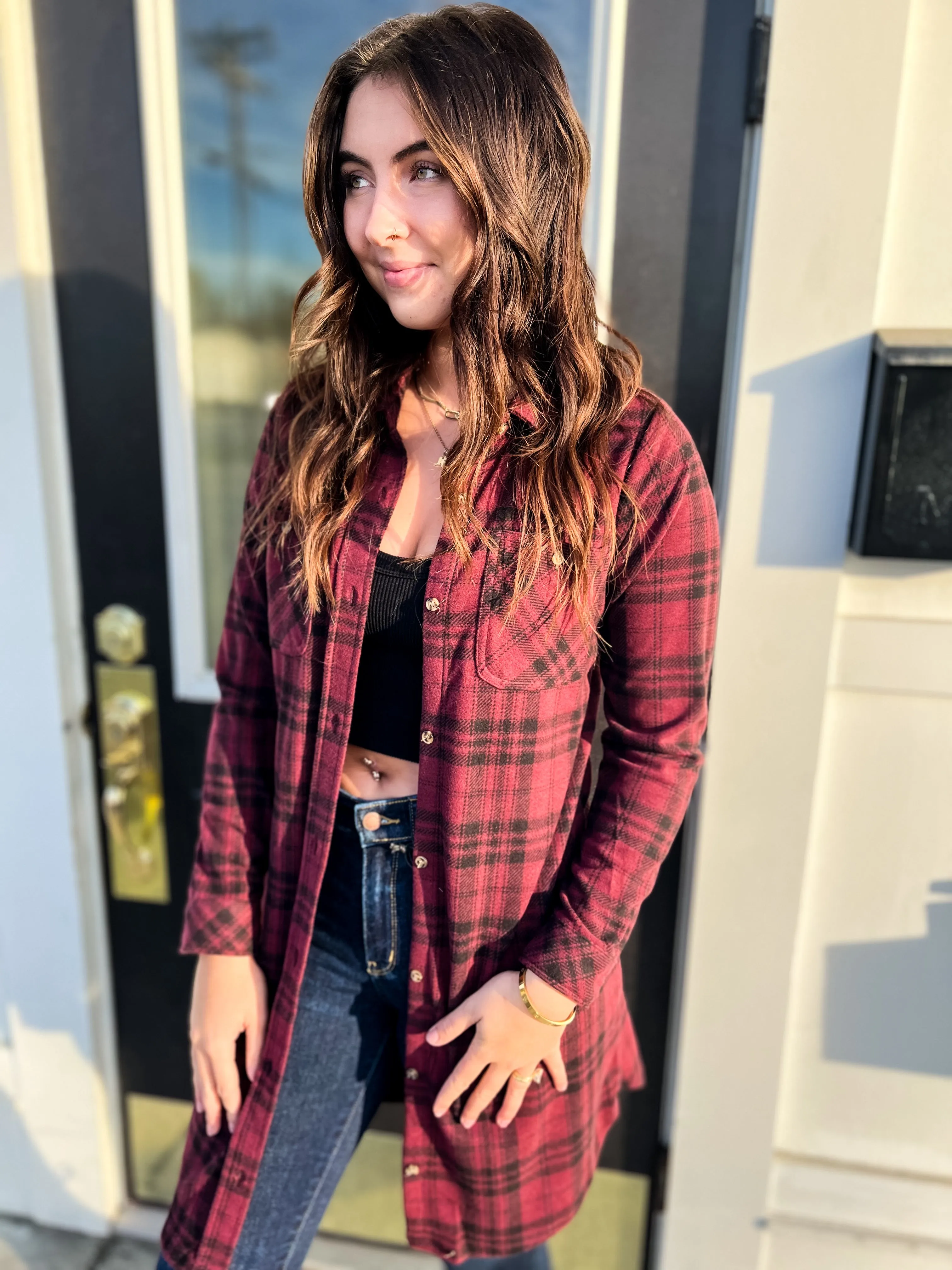 Leslie Button Down Tunic- Burgundy Plaid