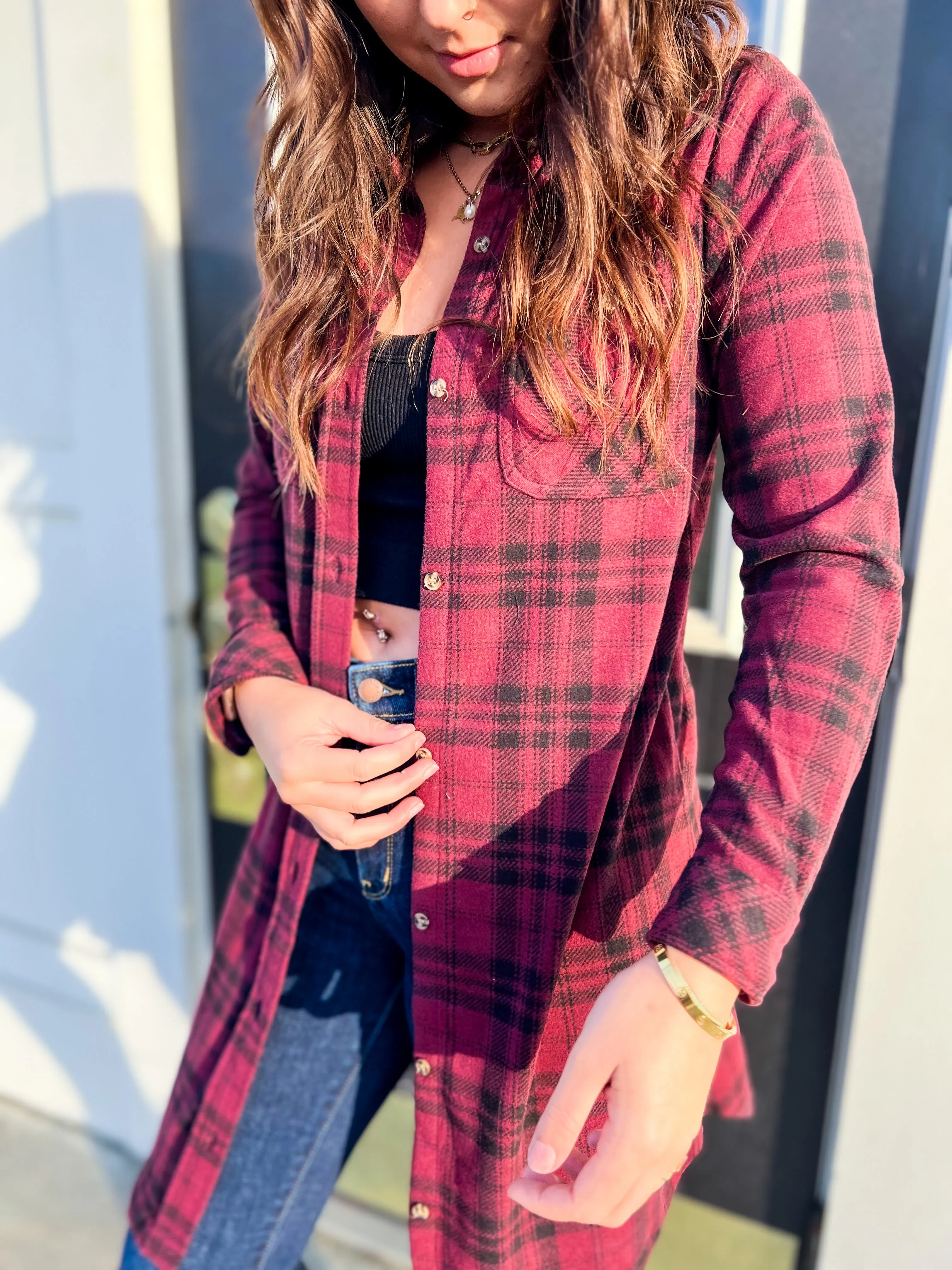 Leslie Button Down Tunic- Burgundy Plaid